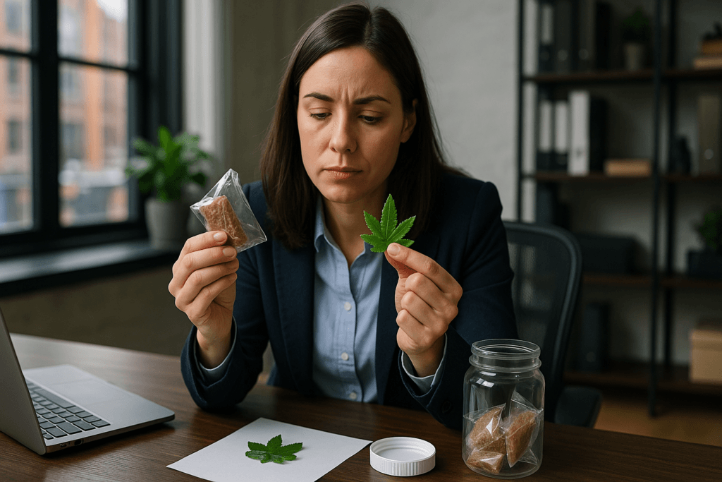 A female cannabis professional at a desk examining a packaged edible and a cannabis leaf, symbolizing the Oregon cannabis industry's legal victory against proposed THC potency caps.