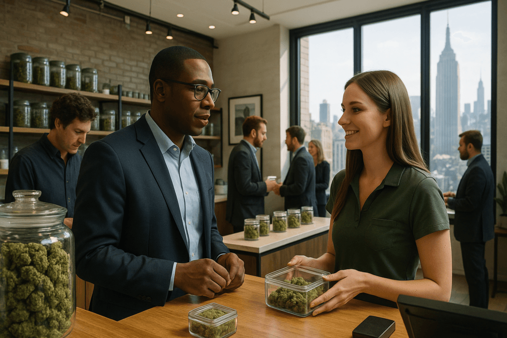 A diverse group of customers and budtenders interacting at a sleek, modern New York City cannabis dispensary with a view of the Empire State Building, reflecting the record-breaking 2026 sales growth.