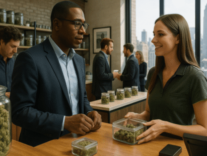 A diverse group of customers and budtenders interacting at a sleek, modern New York City cannabis dispensary with a view of the Empire State Building, reflecting the record-breaking 2026 sales growth.