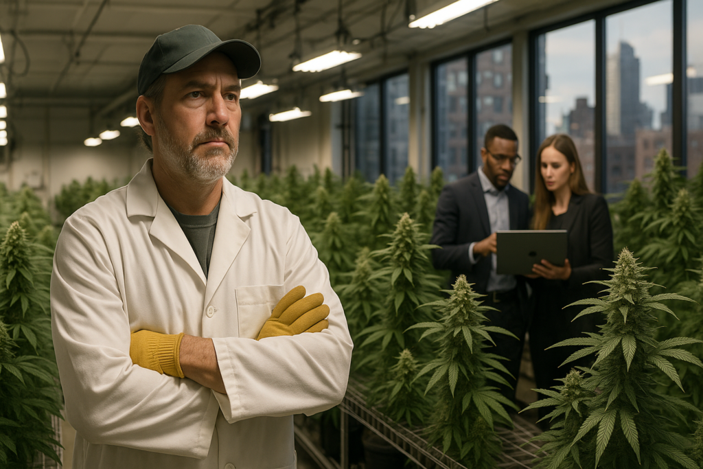 A professional master grower in a white lab coat and yellow gloves standing in a high-tech indoor cannabis cultivation facility with the New York City skyline visible through the windows.