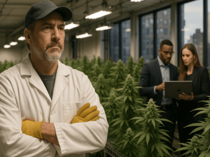A professional master grower in a white lab coat and yellow gloves standing in a high-tech indoor cannabis cultivation facility with the New York City skyline visible through the windows.