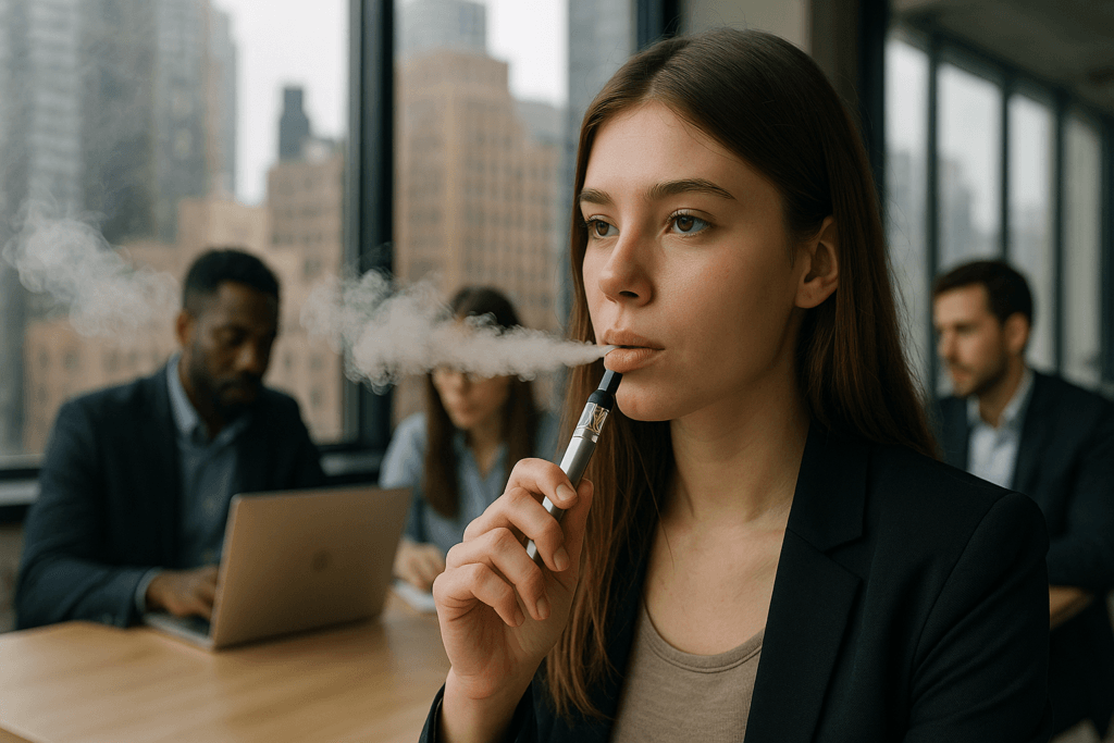 A young Gen Z woman in a professional setting using a cannabis vape pen, illustrating the market shift where vapes are outselling flower in major cannabis markets.