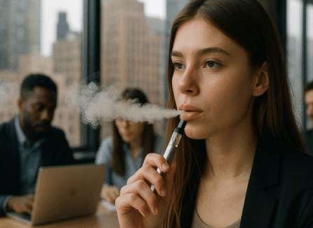 A young Gen Z woman in a professional setting using a cannabis vape pen, illustrating the market shift where vapes are outselling flower in major cannabis markets.
