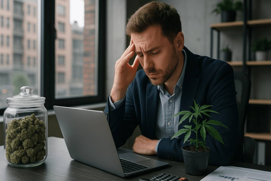 A male cannabis business owner sitting at a desk with a laptop and a jar of flower, looking stressed and holding his head, representing the impact of a proposed cannabis tax hike in Colorado.