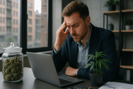 A male cannabis business owner sitting at a desk with a laptop and a jar of flower, looking stressed and holding his head, representing the impact of a proposed cannabis tax hike in Colorado.