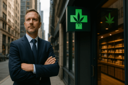 confident executive in a navy suit standing with arms crossed outside a modern cannabis dispensary, symbolizing the shift in cannabis Mergers and Acquisitions (M&A) strategy.