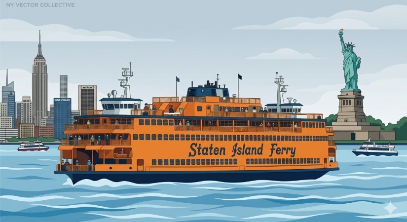 Illustration of the Staten Island Ferry crossing New York Harbor with the Statue of Liberty and Manhattan skyline in the background