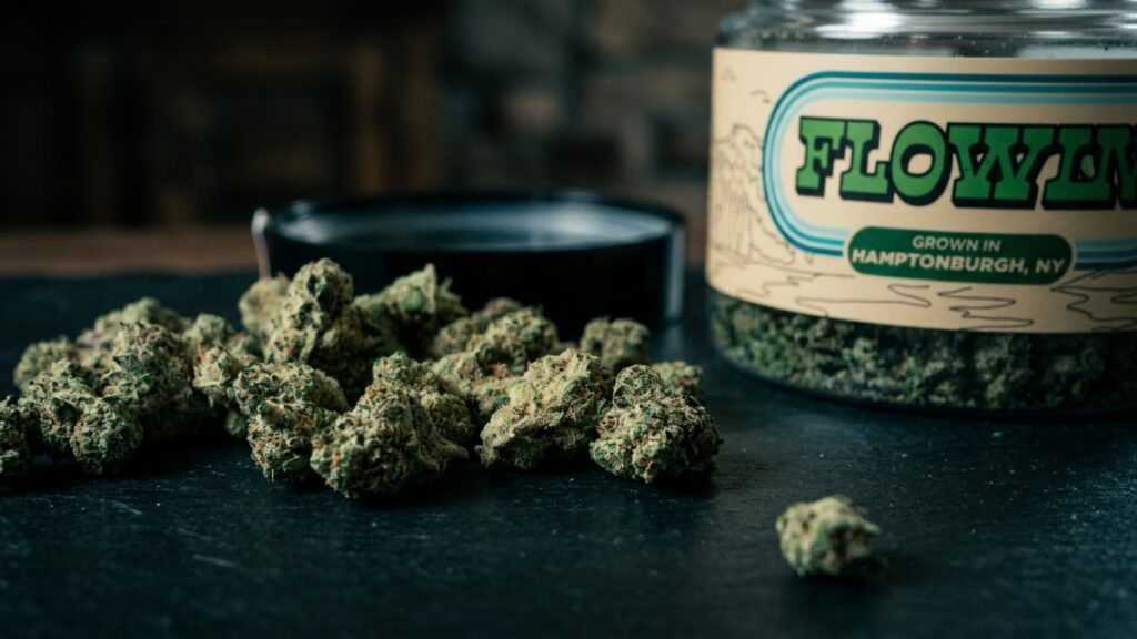 Cannabis flower jar product sold at licensed New York dispensary