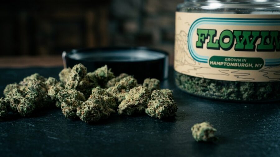Cannabis flower jar product sold at licensed New York dispensary
