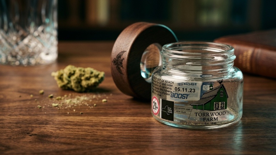 Cannabis flower jar product sold at licensed New York dispensary