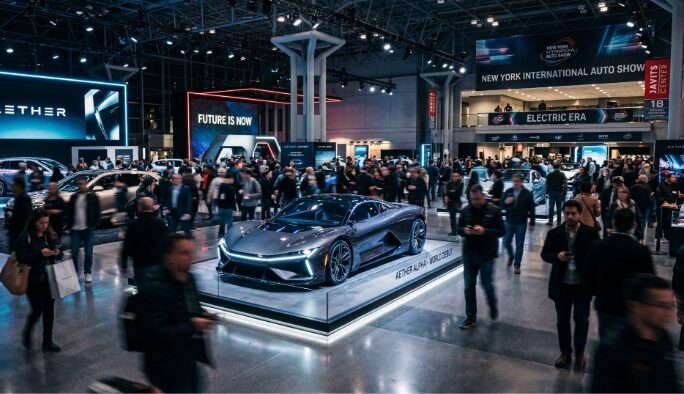Crowded show floor at the New York Auto Show featuring concept electric vehicles and visitors exploring exhibits