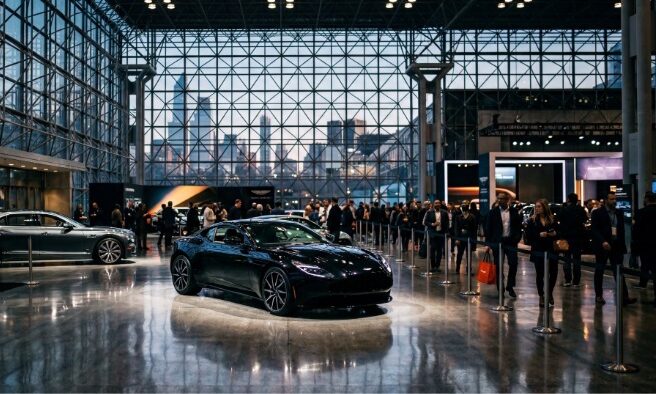Luxury vehicle displayed under lights inside the New York Auto Show at the Javits Center with visitors walking around