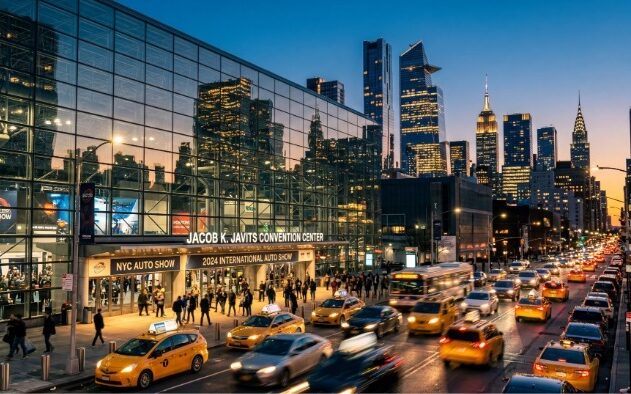 Crowds entering the Jacob Javits Convention Center during the New York International Auto Show with NYC skyline and yellow taxis at sunset