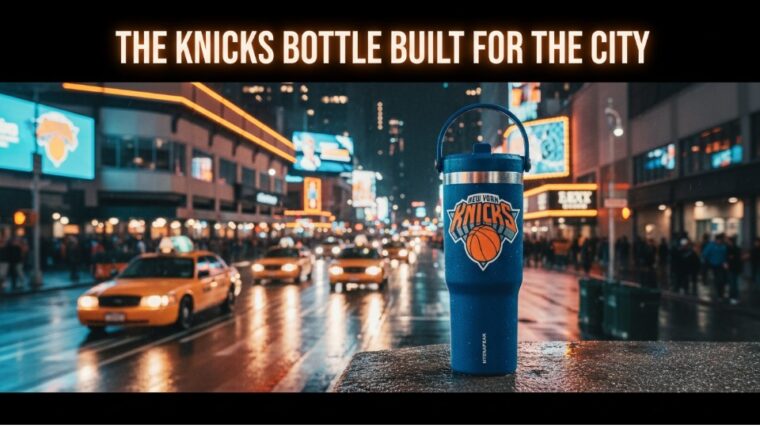New York Knicks Hydrapeak bottle displayed alongside collector packaging.