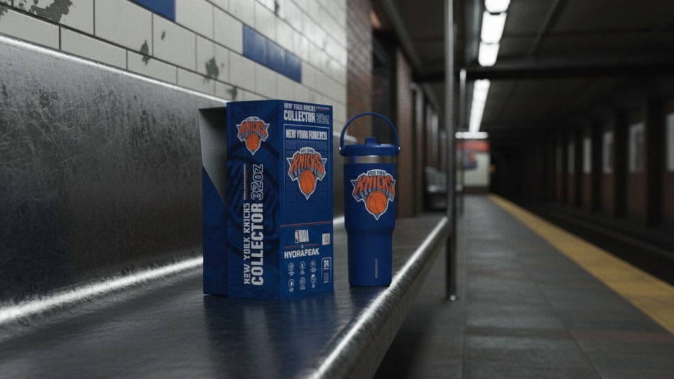 Hydrapeak Nomad 32oz insulated bottle with New York Knicks commemorative collector box.