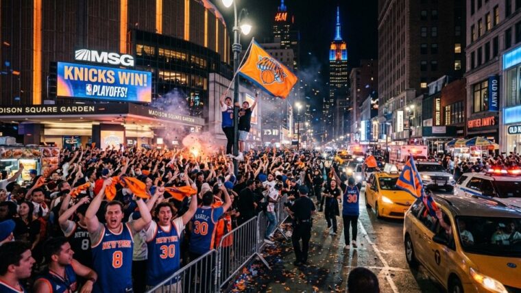 New York Knicks fans gathering outside Madison Square Garden during a playoff watch party.
