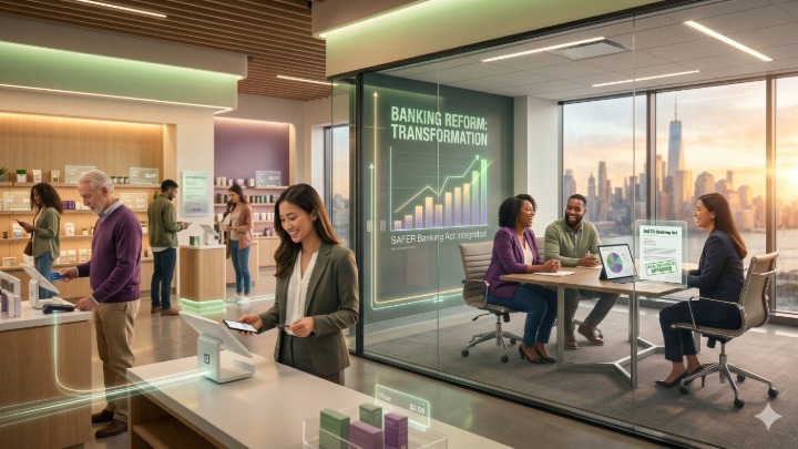 Modern office discussing cannabis banking reform and financial services in New York City