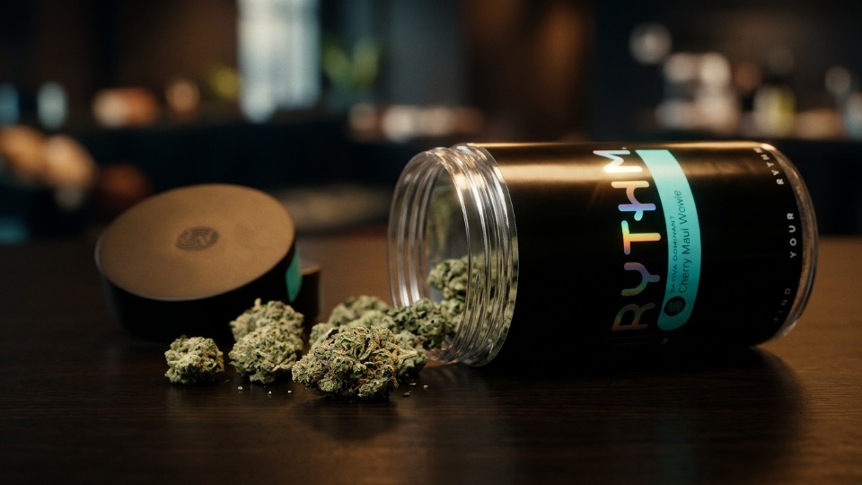 Rhythm cannabis flower ounce packaging photographed for NYC Weed News.