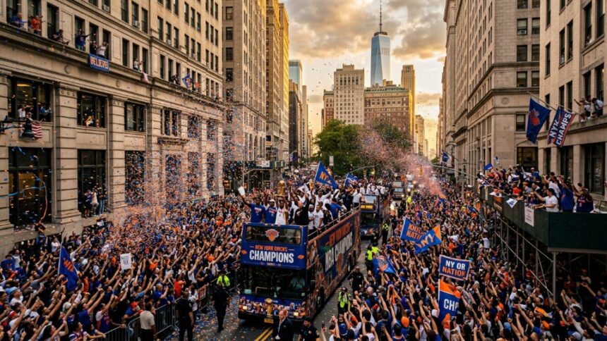 People celebrating in NYC parade with "New York Are Champions" sign.