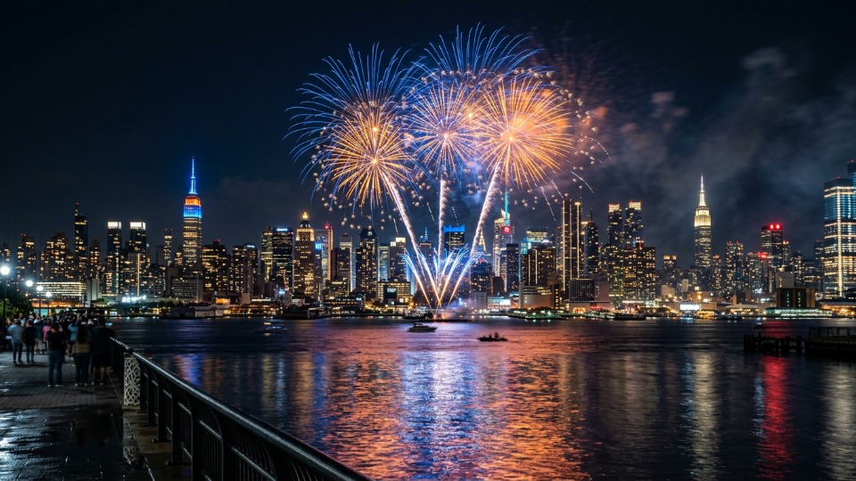 Fireworks over the New York City skyline at night.