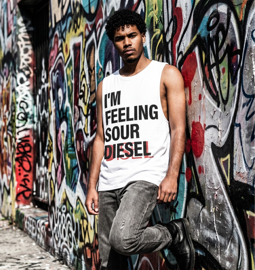 Man wearing I'm Feeling Sour Diesel White Tank" design - NYC Weed News