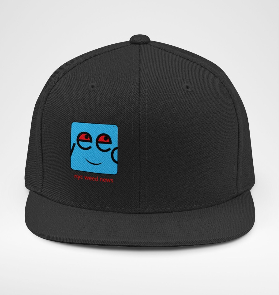 Black hat with NYC Weed News logo patch close-up.