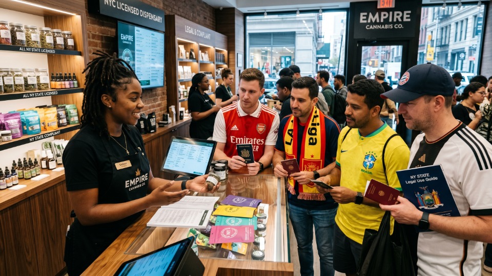 Fans buying cannabis products at licensed dispensary in New York City.